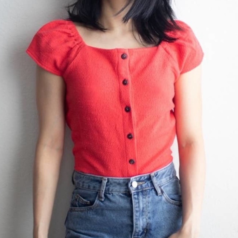 MADEWELL NWT TEXTURE & THREAD BUTTON FRONT TOP RED ORANGE MEDIUM